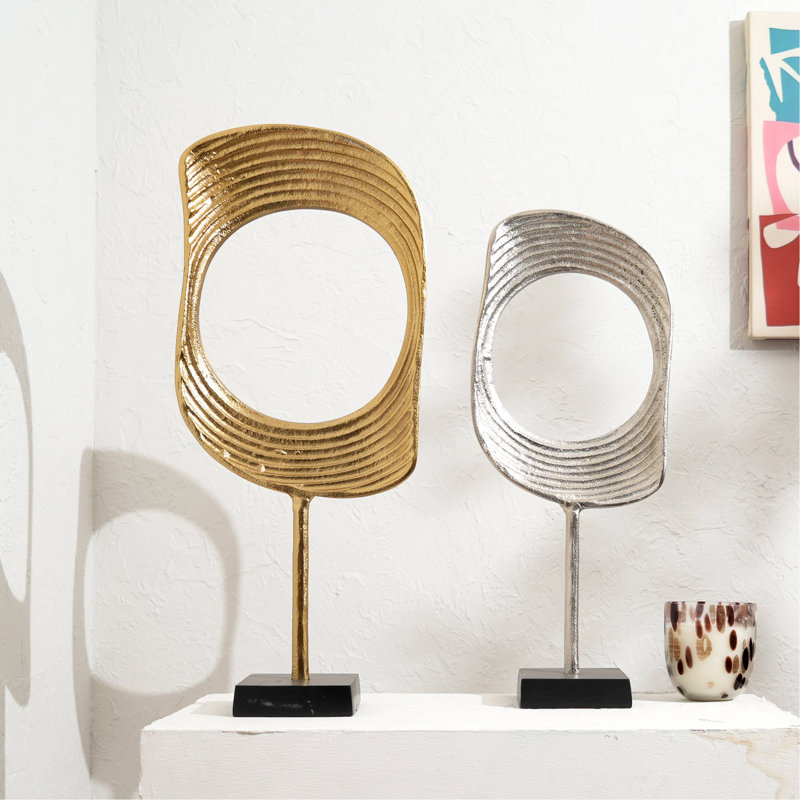 Gold & Nickel Aluminum Ring Sculptures With Black Base – Set Of 2 (23" & 21" H)