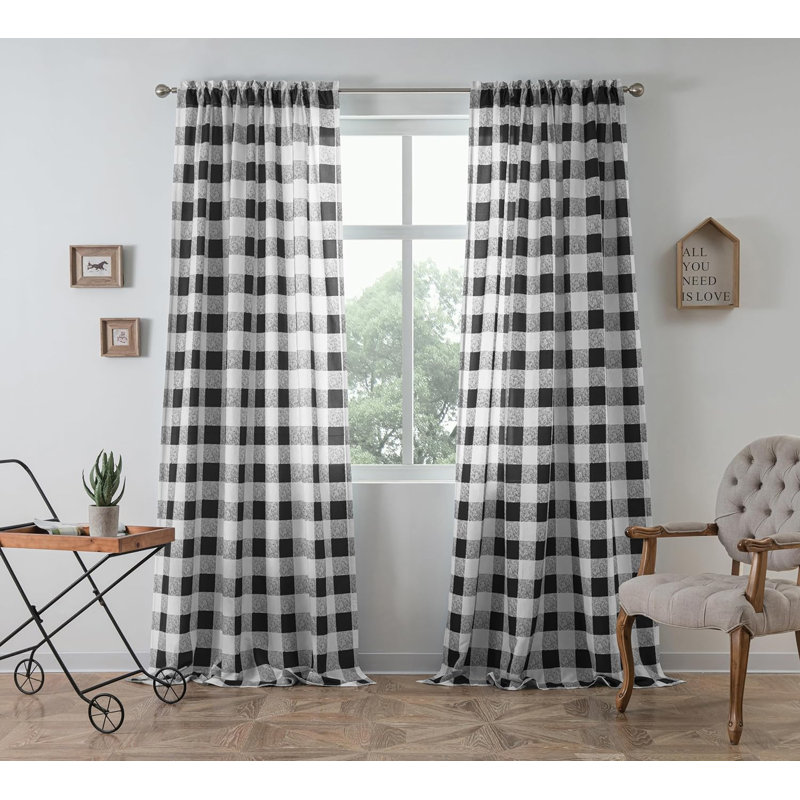 Chintan 8 Panels Buffalo Checkered Light Filtering Semi-Sheer Curtains, 52" W x 84" L, Black/White