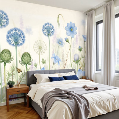 Papier peint adhésif pelucheux et délicat bleu mauve à motif floral sauvage H 69 po x l 96 po, papier peint amovible en PVC autocollant pour chambre à coucher, bureau à domicile