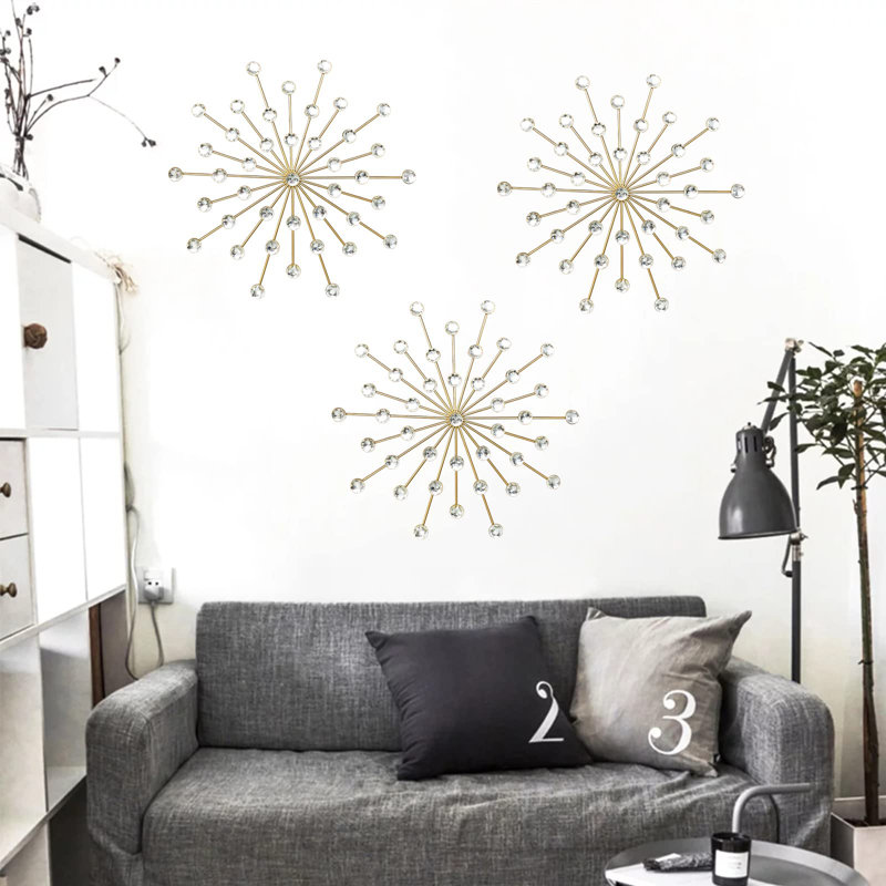 Ensemble de 3 décorations murales en métal soleil levant, art mural étoile dorée avec accents de cristal, suspension murale moderne glamour pour le salon ou la chambre à coucher