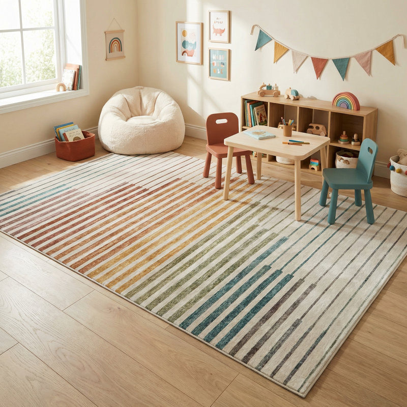 Rug Branch Elias 7' x 10' (6'7" x 9'6") White/Beige Abstract Striped Area Rug, Contemporary, Medium Pile, Stain-Resistant Carpet - Living Room, Bedroom, Dining Room, and Kitchen