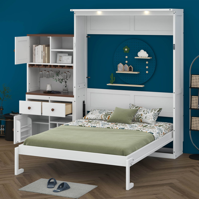 Grand lit escamotable avec armoire de rangement, support à vin, porte-verre, tiroirs et bande DEL multicolore, Blanc