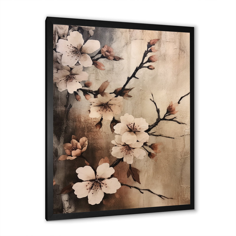 «Cherry Blossoms Brown Dark Solitude», reproduction sur toile, Cadre simple noir, H 44 po x l 34 po x P 1,5 po