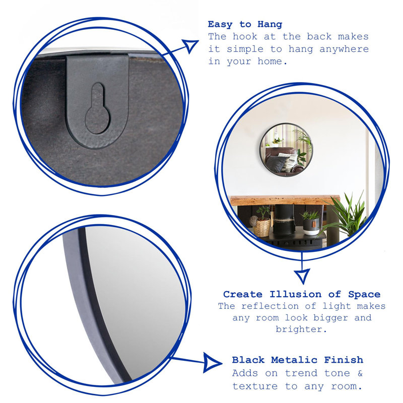 Clarkdale Round Metal Frame Wall Mirror, Black, 40cm H x 40cm W