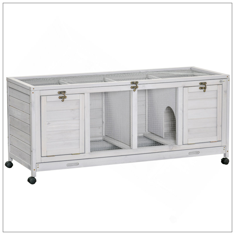 Cage en bois avec roulettes, cloisons, toit ouvrable, plateaux amovibles pour l'intérieur et l'extérieur, convient pour 1 à 2 lapins