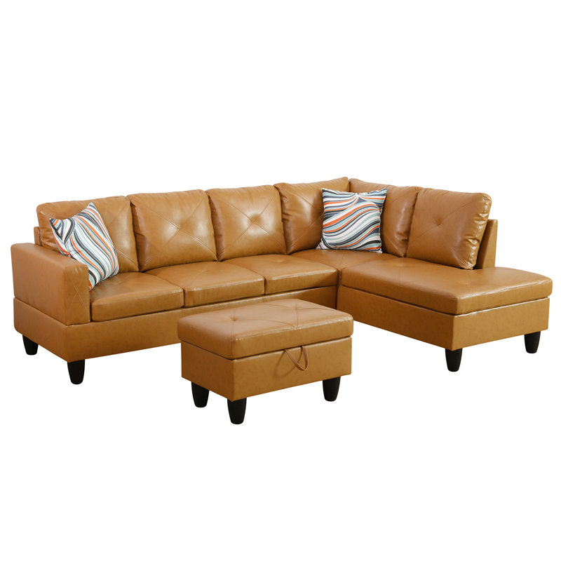 Ensemble de canapé modulaire en similicuir 3 pièces avec repose-pieds Ginger, Accoudoir à droite (vu de face), Noir
