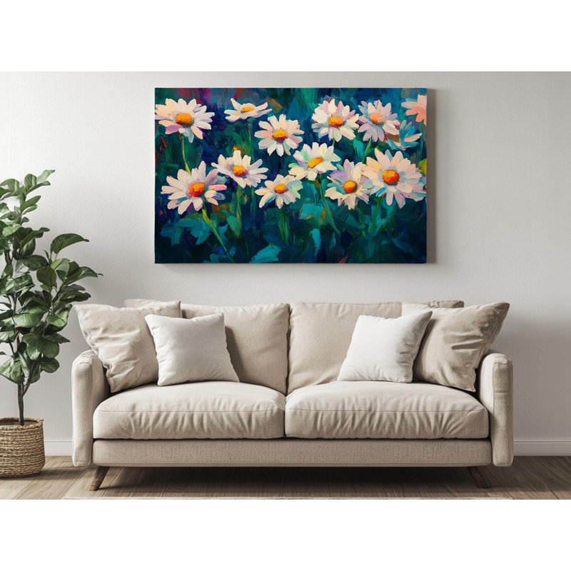 «Vibrant White Daisies on Blue Green Field», reproduction d'art sur toile pour décor de maison disponible en rouleau ou tendue, reproduction d'art