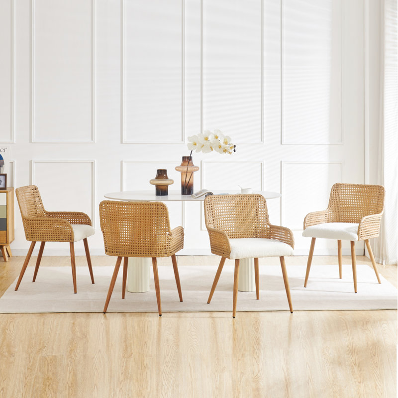 Rattan Dining Chairs,farmhouse Upholstered Boucle Kitchen Chair With Armrest,pe Rattan Dining Room Chairs, Mesh Back Cane Chairs With Metal Legs,brown