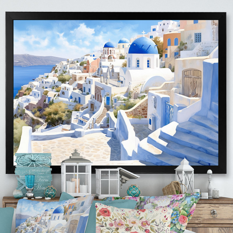 Grecque Santorini Odyssey II - Grèce, art mural, H 12 po x l 20 po x P 1 po, Cadre simple noir