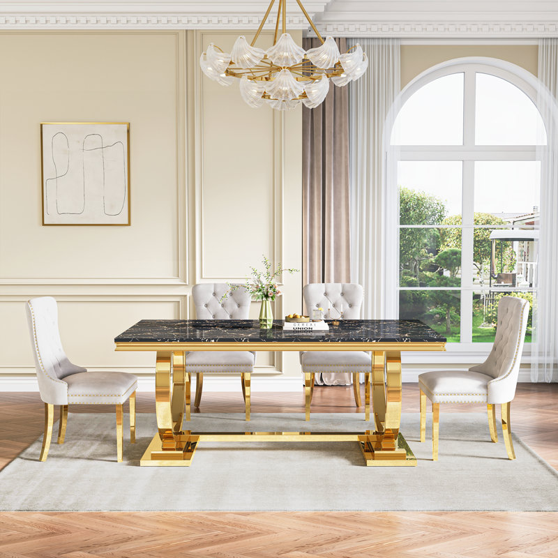 Rectangular 70.1"L X 35"W Dining Set, White/Gold, 7 Pieces: Table, 6 Chairs, White/Gold