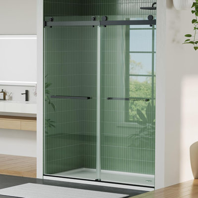 Portes de douche en verre coulissant de 60 pouces, boîtier sans cadre avec rail carré en acier inoxydable, verre de sécurité trempé de 8 mm, acier inoxydable brossé pour salle de bain moderne