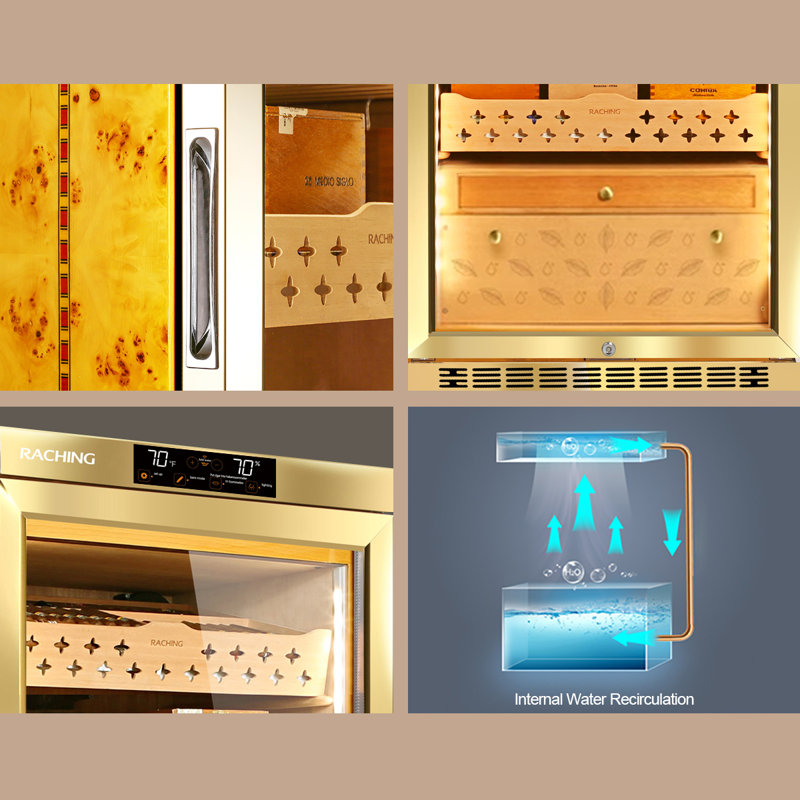 Cigar Climate Control Cabinet, Raching MON1800A Cigar Humidor Cabinet with Ammonia Removal, 230L Wood Frame Cabinet for Cigar Storing&Aging- Gold 