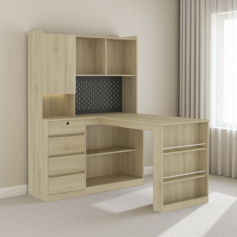 Bureau en L avec chargeur, bureau d'ordinateur avec tiroirs, bibliothèque, avec éclairage à DEL, bureau d'angle moderne, bureau à domicile, bureau d'écriture en L, bureau d'ordinateur de coin avec rangement