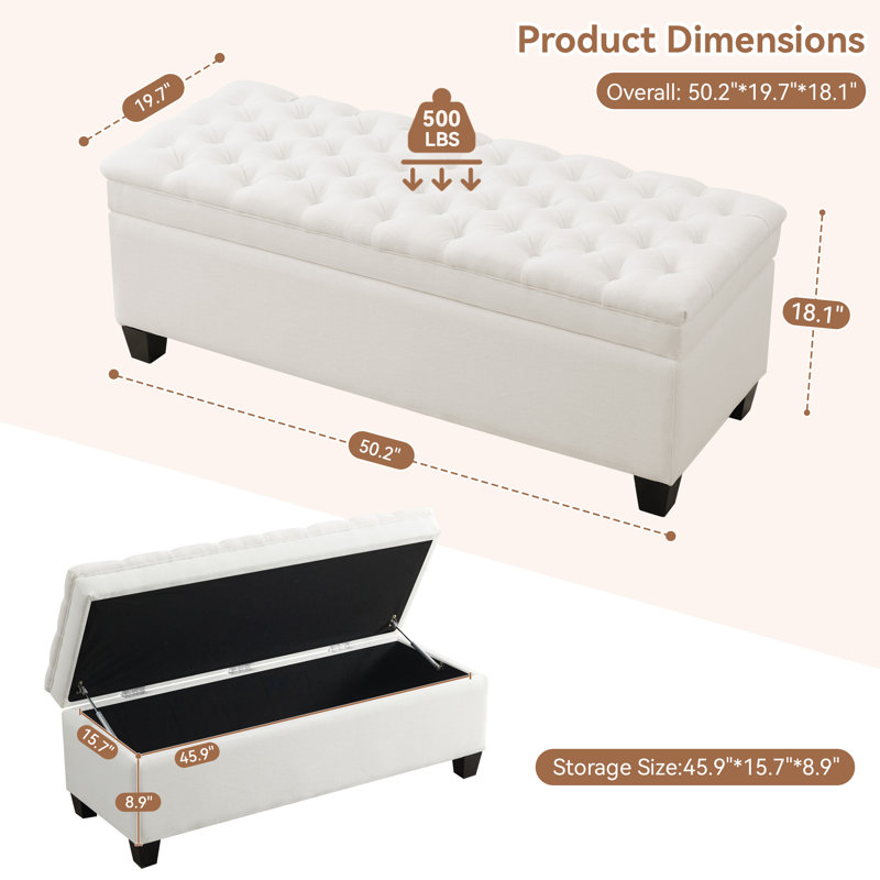 51" W Linen Upholstered Flip Top Storage Bench, Beige