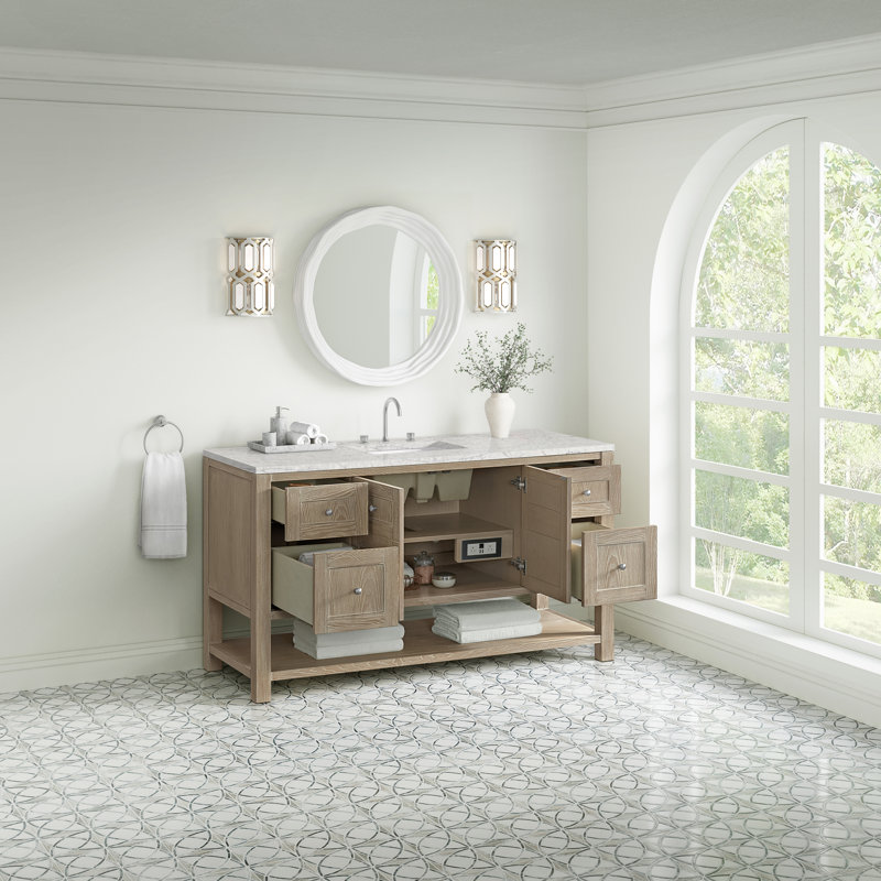 Breckenridge 60"W Single Vanity W/ Freepower Wireless Charger, Whitewashed Oak, Eternal Jasmine Pearl