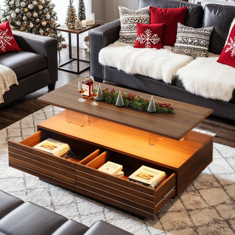Table basse à grain de bois avec tiroirs, lumières DEL multicolores, Brun