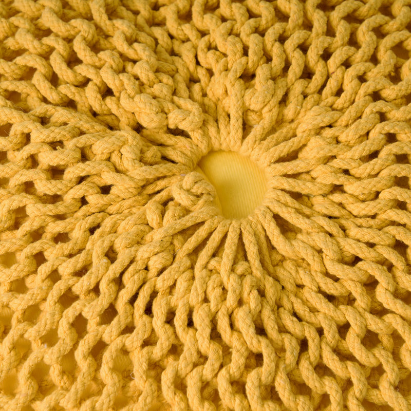 Cotton Upholstered Round Pouf Ottoman, Yellow