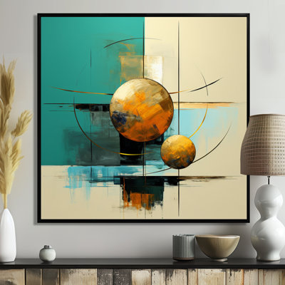 Double Moon Rising Turquoise Gold I - Geometric Wall Art Living Room