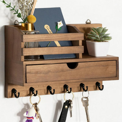 Wooden Wall Mount Key & Mail Holder with 6 Hooks - Entryway Organizer with Storage Drawer & Shelf, Home Decor Accent