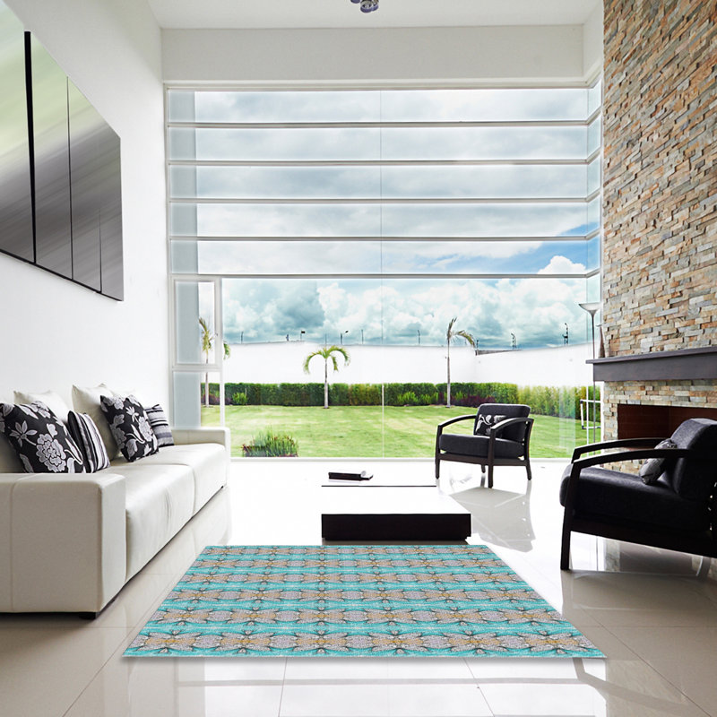 Tapis bleu/beige à motifs, Carré 3 pi