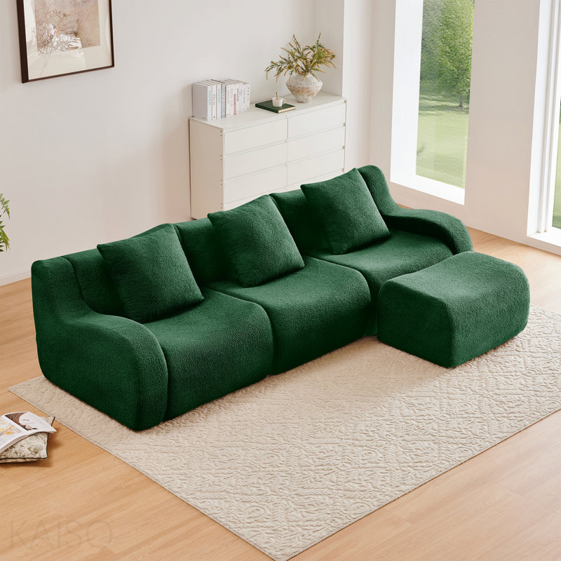 3-Seater Teddy Boneless Sofa - Anti-Slip, Curved Armrests, Streamlined Design, Chaise - Green, Green