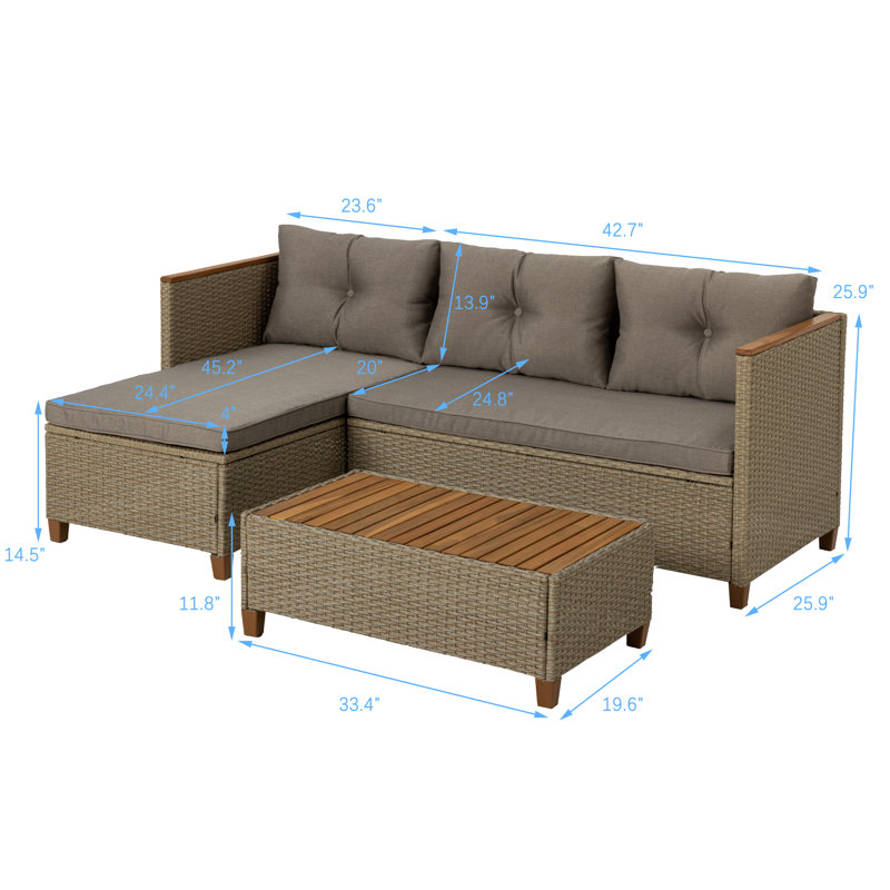 Patio Sofa Set with Coffee Table, Gray