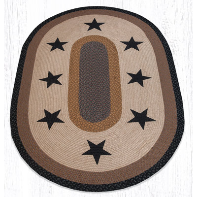 Earth Rugs Oval Patch Tread Rug Black Stars Pattern, Braided Jute, Rustic Americana Accent Rug