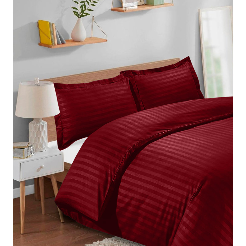 Microfiber Polyester Stripe Duvet Cover Set with Fitted Sheet Pillowcases , Burgundy, King Duvet Cover