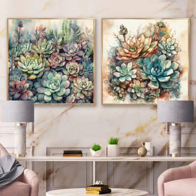 Cactus vert et rouge - Cactus floral ensemble de 2 carrés