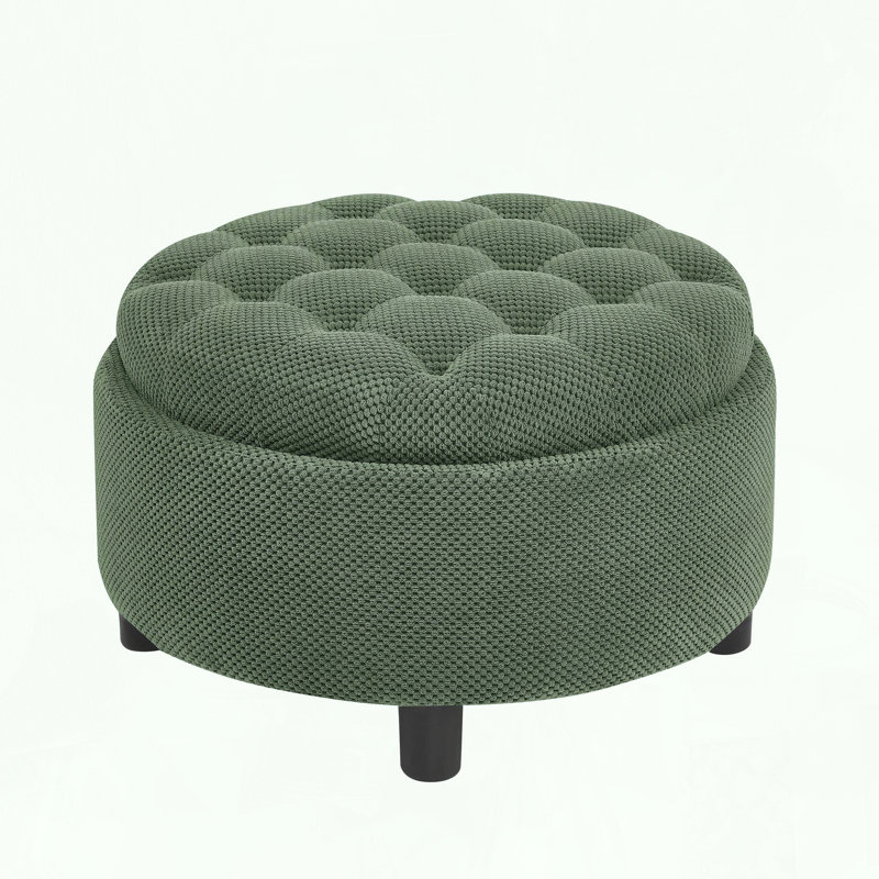 Round Storage Ottoman with Removable Tray and Tufted Design, Dark Green