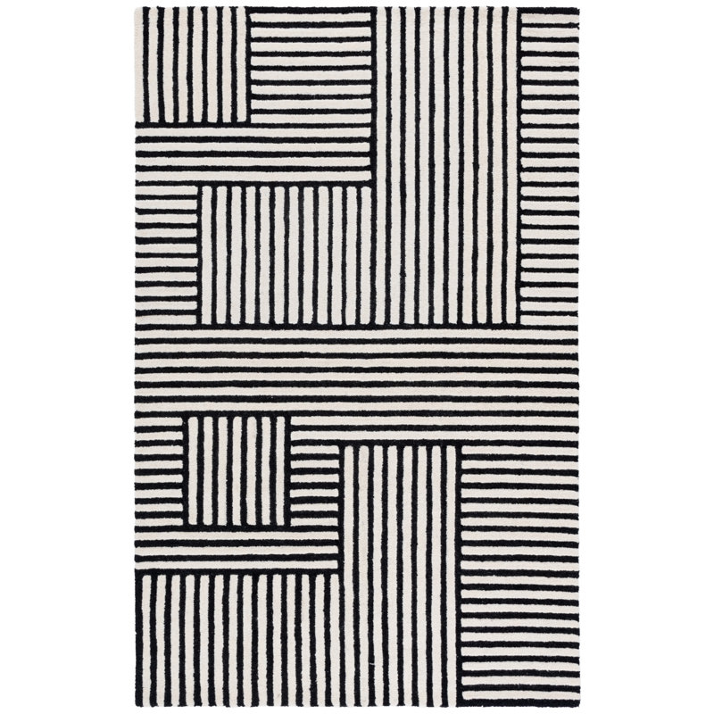 Elsbeth Geometric Hand Tufted Wool/Cotton Area Rug in Ivory/Black, Rectangle 5' x 8'
