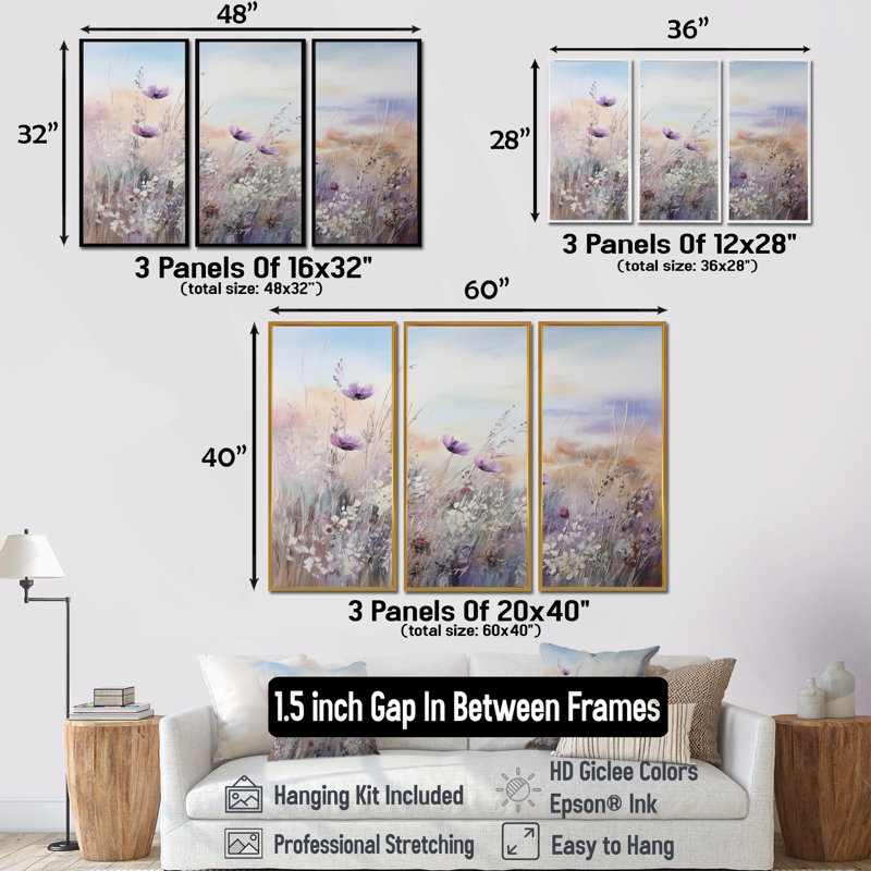 Wadebridge - ensemble de reproductions d'art mural fleurs, H 32 po x l 48 po x P 1 po, Cadre argenté flottant