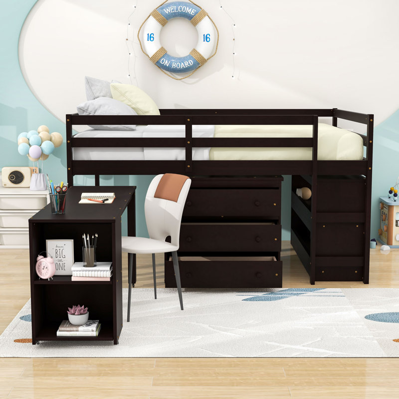 3 Drawers Loft Bed With Movable Desk And Shelves, Black, Full