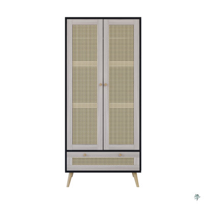 Armoire-penderie de 70,8 po de hauteur avec 2 portes en rotin et 1 tiroir, armoire de rangement en bois Boho avec tringle pour chambre à coucher, naturel et noir