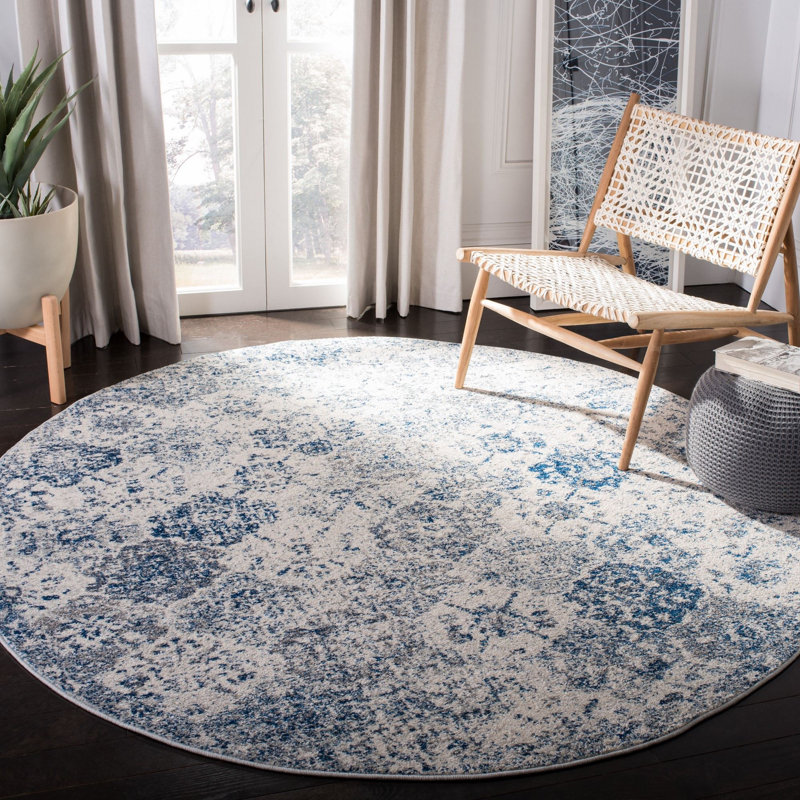 Harty Oriental White/Royal Blue Area Rug, Round 10'