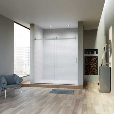68-72 Inch Adjustable Frameless Single Sliding Shower Door With Soft-Close, Reversible Installation, And Tempered Glass