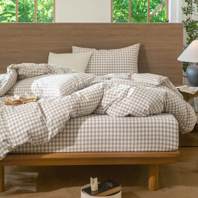 Ensemble de housse de couette en vichy Moomee 100% coton délavé, Housse de couette pour très grand lit et 2 taies 