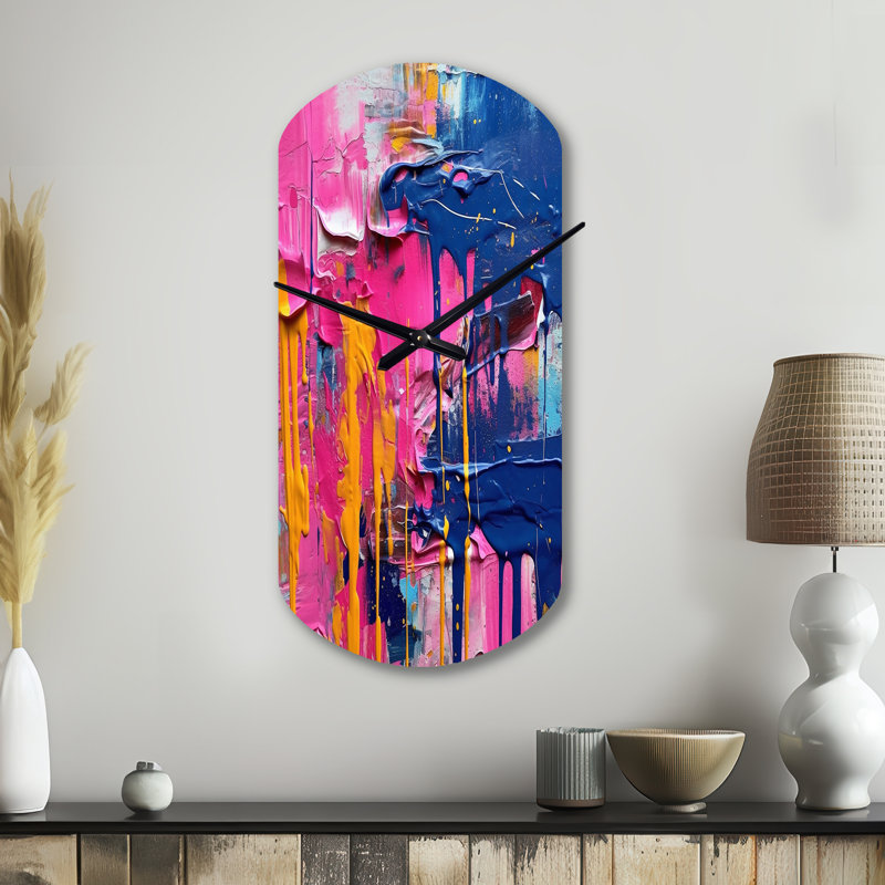 Rose et bleu Explosions of Color - Horloge murale abstraite de forme unique en métal, impression d'horloge murale moderne de forme libre