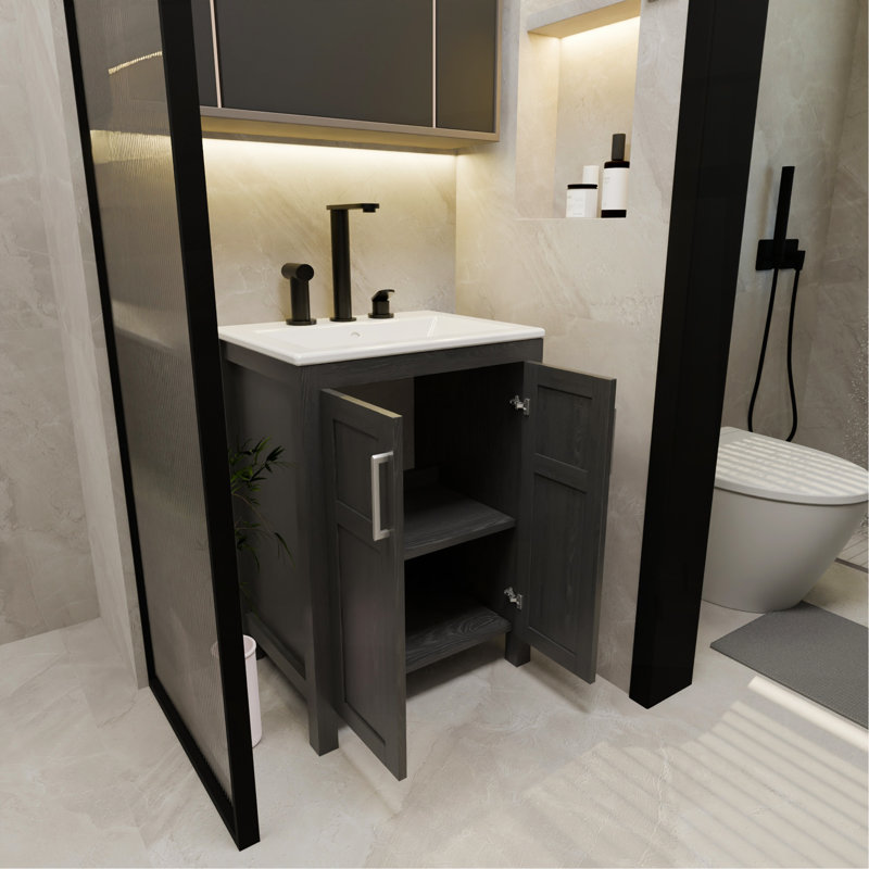 Meuble-lavabo avec lavabo, meuble-lavabo noir 24 po avec robinet en céramique blanc et ensemble de bonde escamotable