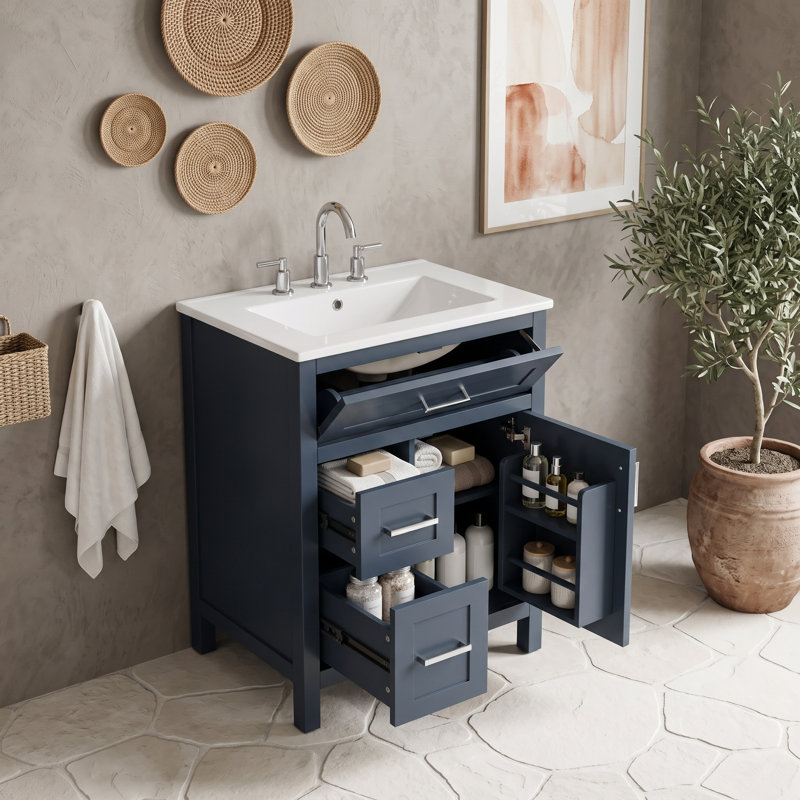 Meuble-lavabo moderne avec lavabo en céramique, armoire de rangement à fermeture en douceur, tiroir rabattable et tablette réglable