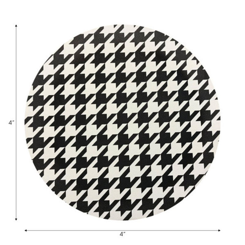 Houndstooth Black White Vegan Leather Round Coasters, Black White