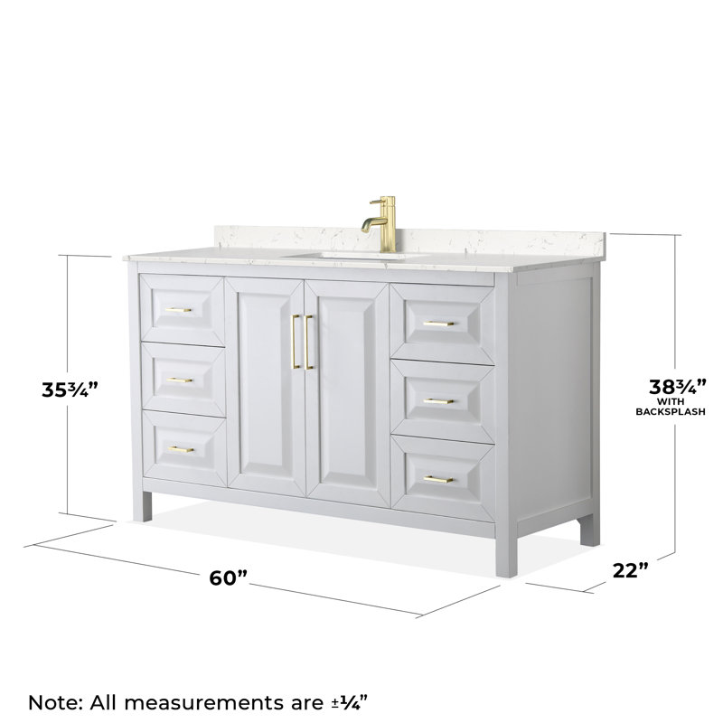 Daria 60'' W Single Vanity, Carrara Cultured Marble, White, Brushed Gold