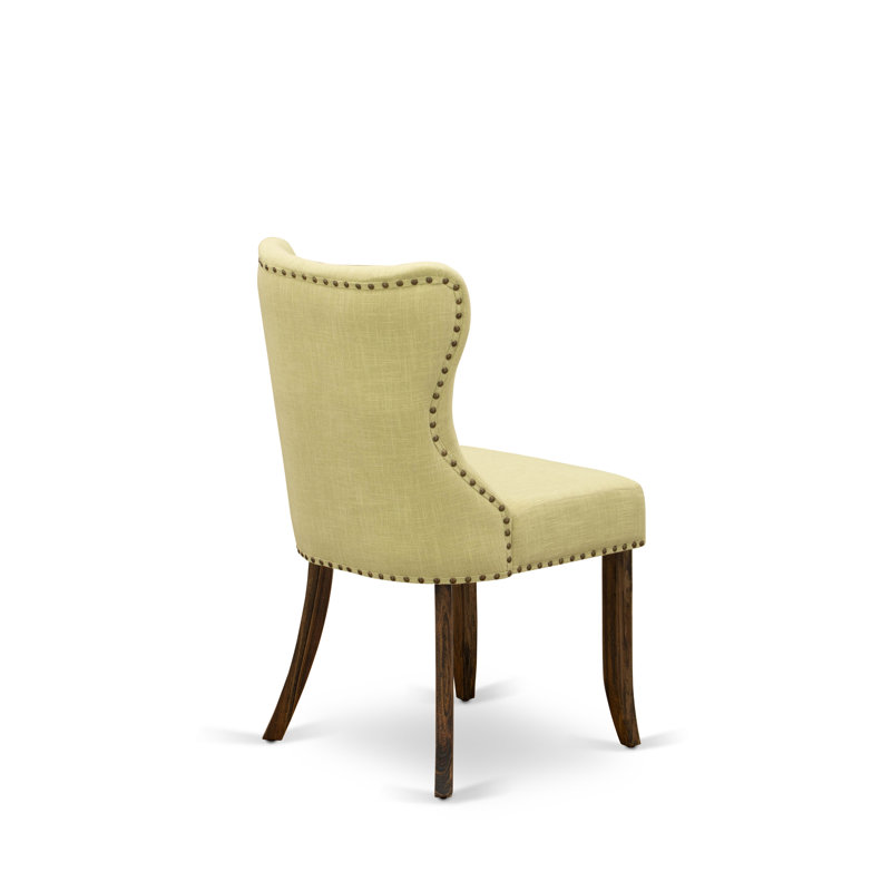 Distressed Jacobean Round Pedestal Dining Table with Limelight Linen Chairs