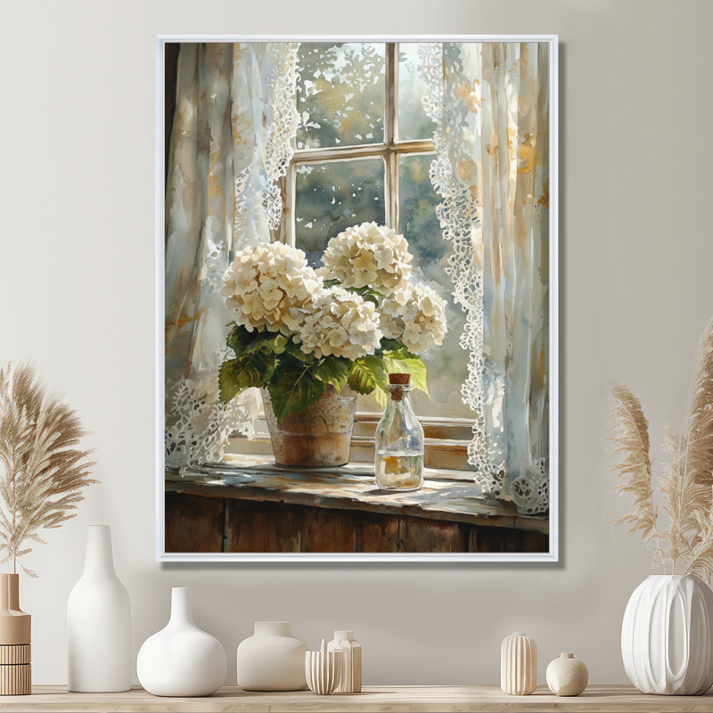 «Farmhouse Hydrangeas And Lace Curtains II - Hydrangea», reproduction sur toile encadrée, Reproduction avec cadre flottant