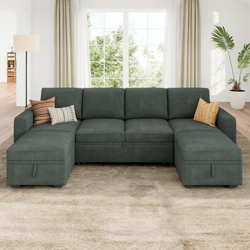Anureet Latitude Run® U Shaped Sleeper Sofa Pull Out Couch Storage Sectional Sofa, Green Couduroy