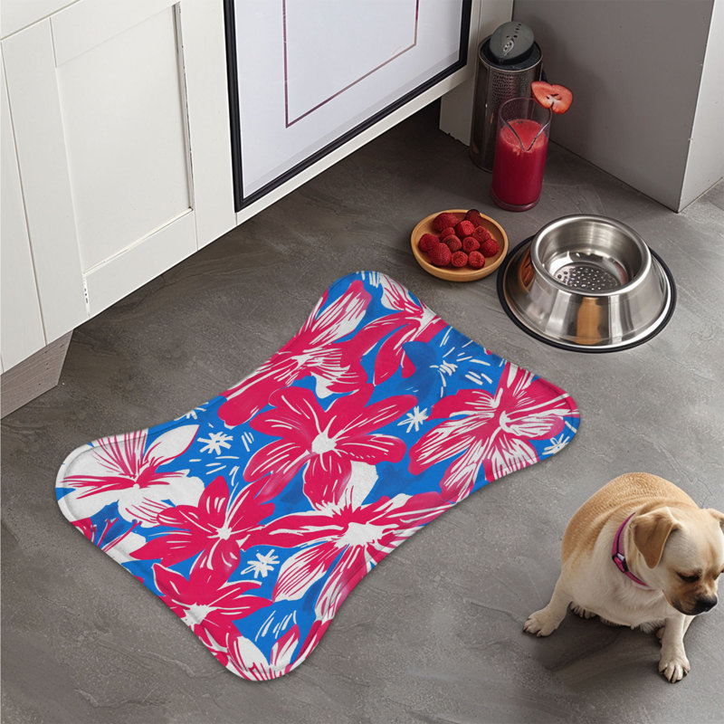 Ruby and Azure Flowers - 1 Piece Bone Shape Feeding Mat, Medium (18")