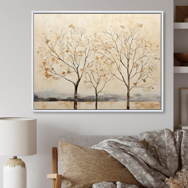 Harmonisation d'arbres beige V sur toile, Cadre flottant blanc, H 30 po x l 40 po x P 1,5 po