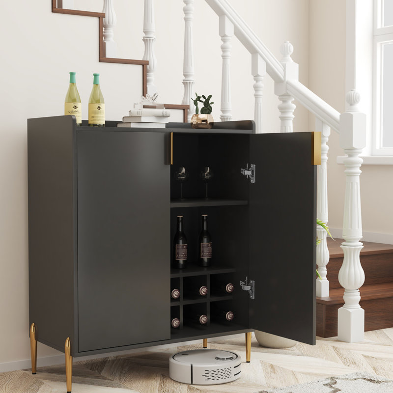 Buffet à 2 portes avec rangement pour bouteilles de vin, charnières à fermeture en douceur, quincaillerie, étagère de bar noire à 3 options de couleur, tablette de rangement réglable, convient à la salle à manger, à la cuisine