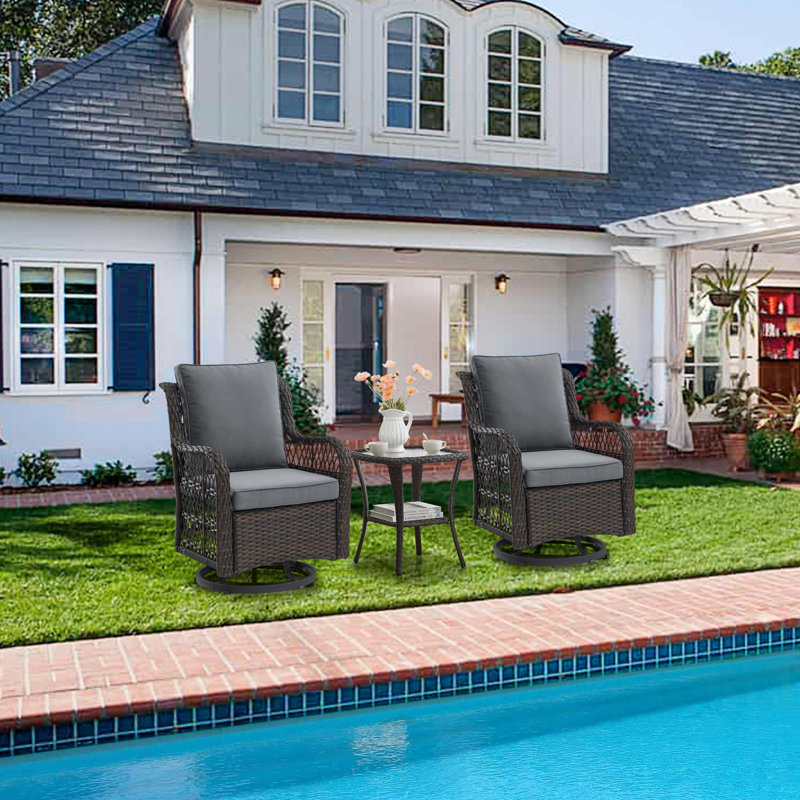 3 Pieces Outdoor Swivel Rocker Chair Set Of 2 With Small Side Table, 360-Degree Swivel Rocking Chair, Gray, Coffee