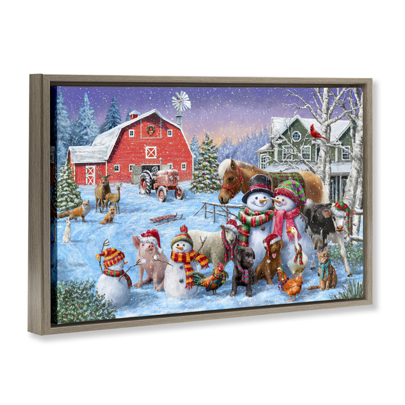 «Snowman & Dogs Family» par Grateful Licensing, Cadre flottant orme Montalcino, H 21 po x l 31 po